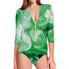 Green Acid Melt Print Long Sleeve Swimsuit