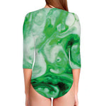 Green Acid Melt Print Long Sleeve Swimsuit