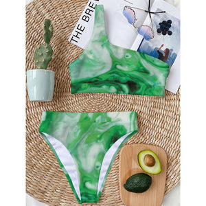 Green Acid Melt Print One Shoulder Bikini Top