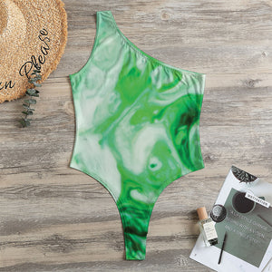 Green Acid Melt Print One Shoulder Bodysuit