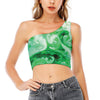 Green Acid Melt Print One Shoulder Crop Top