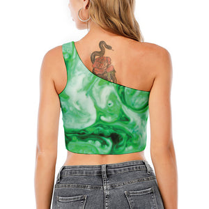 Green Acid Melt Print One Shoulder Crop Top