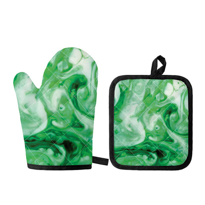 Green Acid Melt Print Oven Mitt And Pot Holder Set