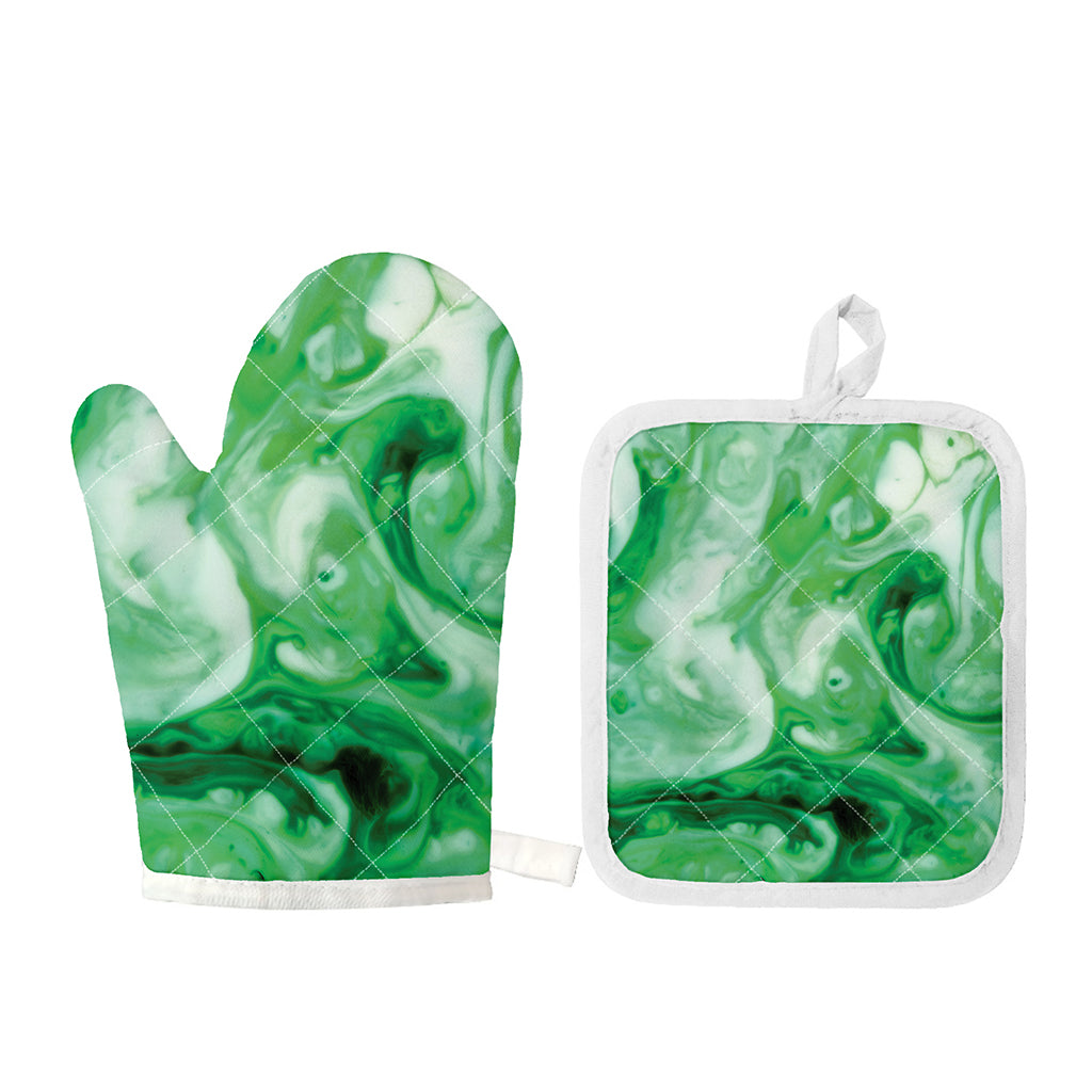 Green Acid Melt Print Oven Mitt And Pot Holder Set