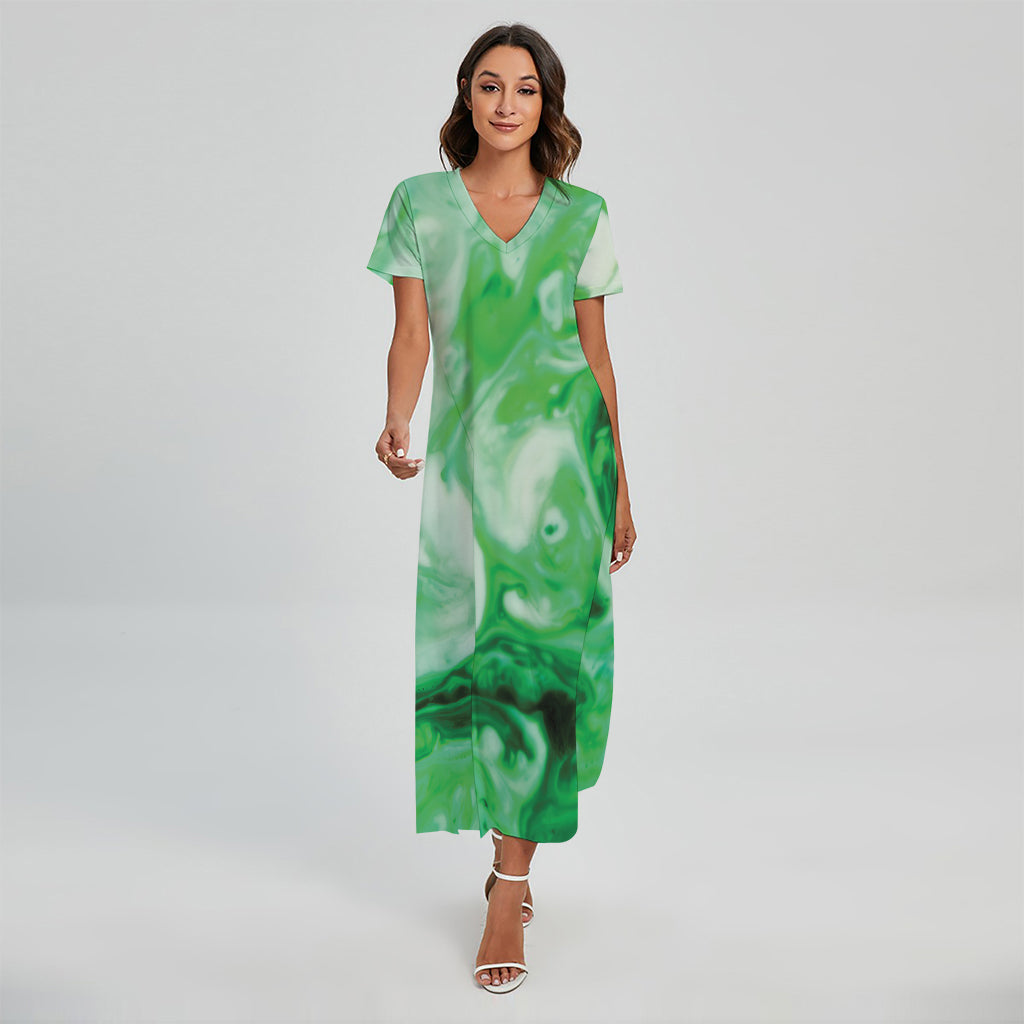 Green Acid Melt Print Short Sleeve Maxi Dress