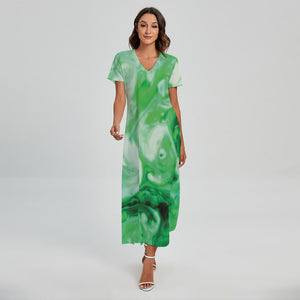 Green Acid Melt Print Short Sleeve Maxi Dress