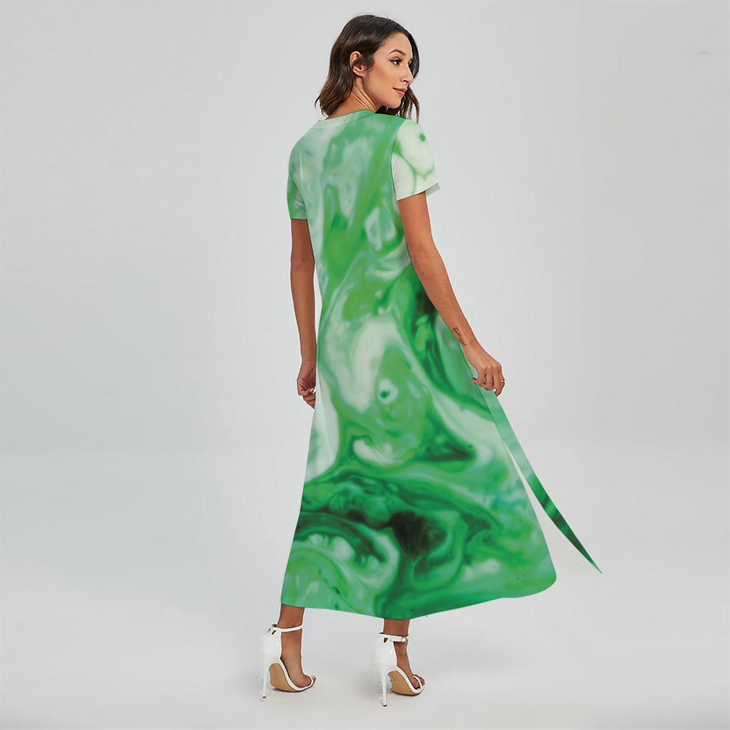 Green Acid Melt Print Short Sleeve Maxi Dress