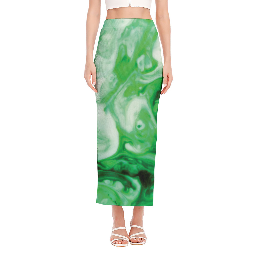 Green Acid Melt Print Side Slit Maxi Skirt