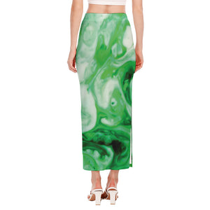 Green Acid Melt Print Side Slit Maxi Skirt