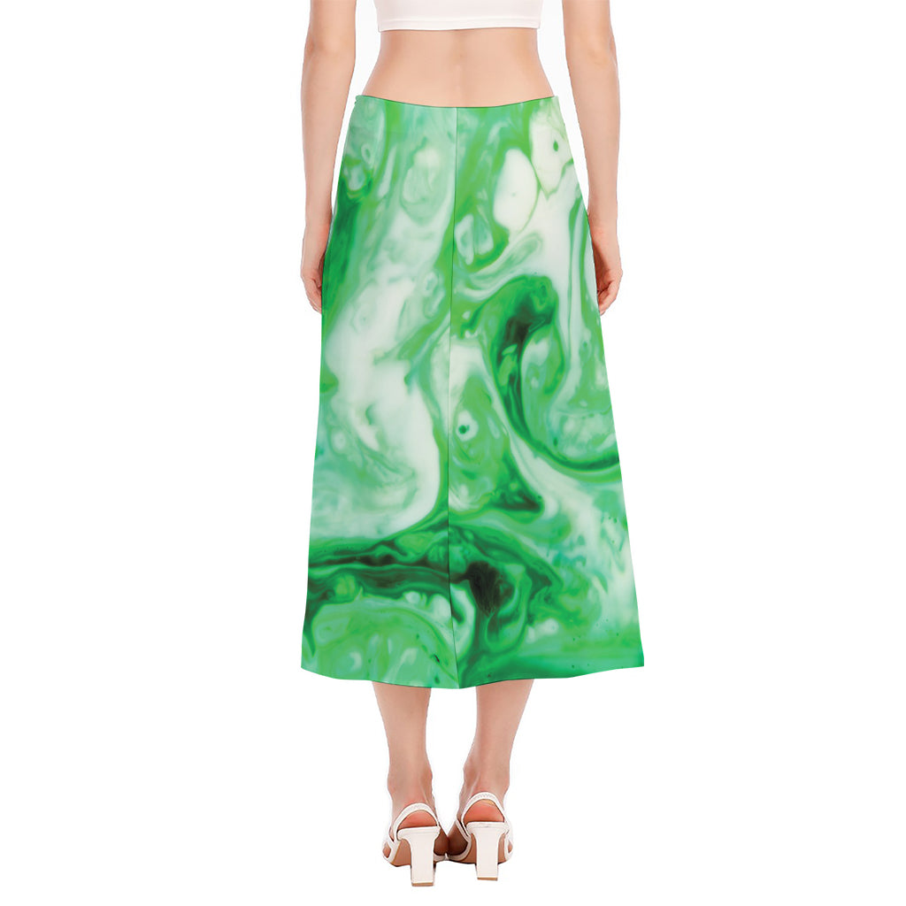 Green Acid Melt Print Side Slit Midi Skirt