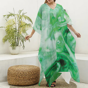 Green Acid Melt Print Silk V-Neck Kaftan Dress