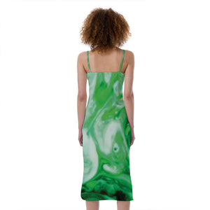 Green Acid Melt Print Slim Fit Midi Cami Dress