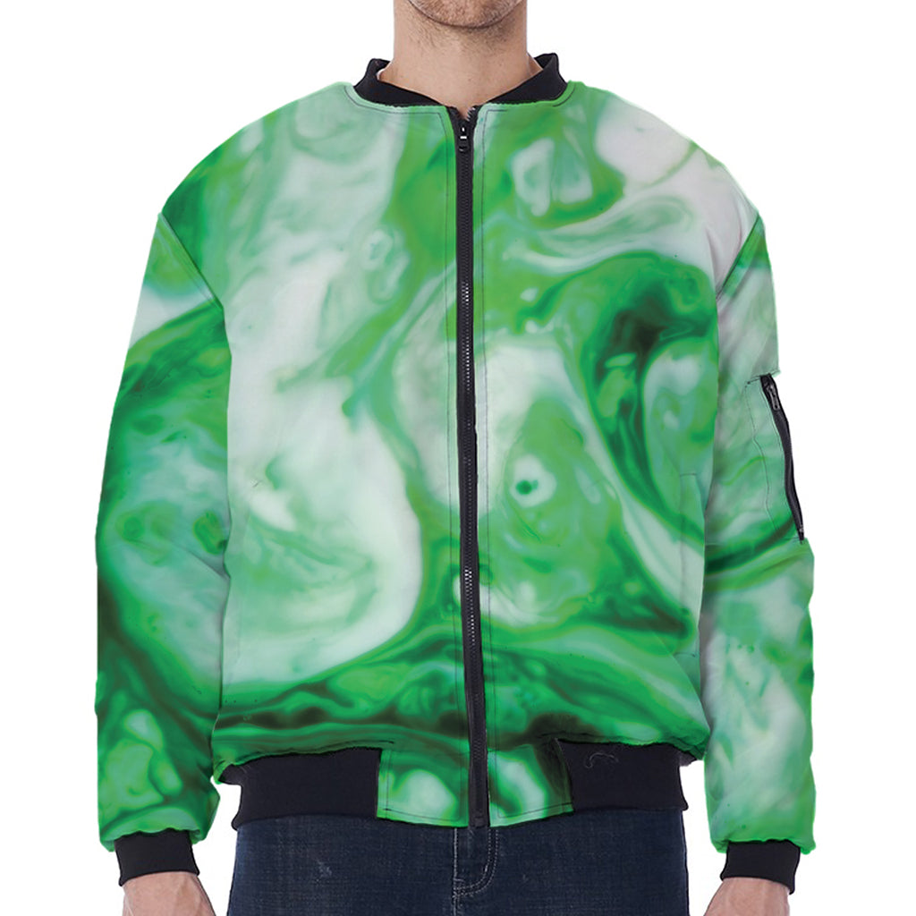 Green Acid Melt Print Zip Sleeve Bomber Jacket