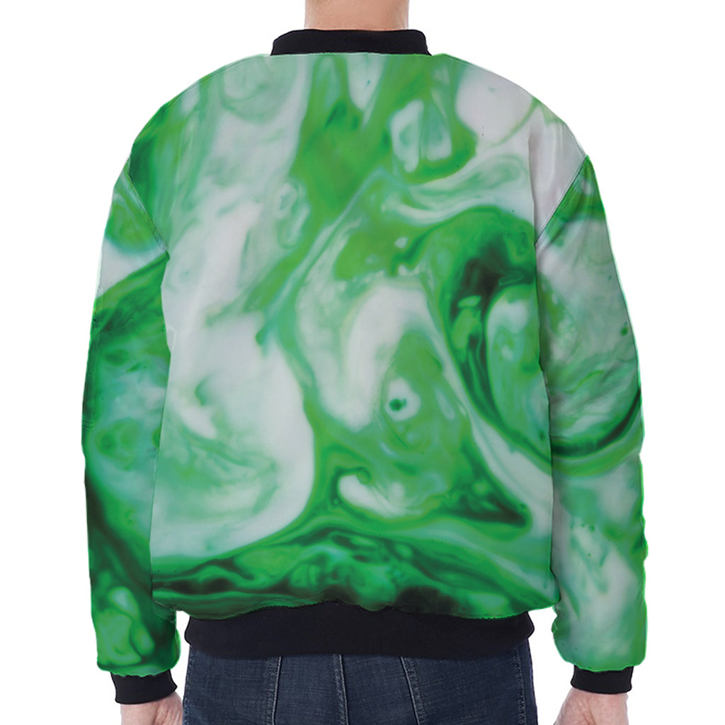 Green Acid Melt Print Zip Sleeve Bomber Jacket