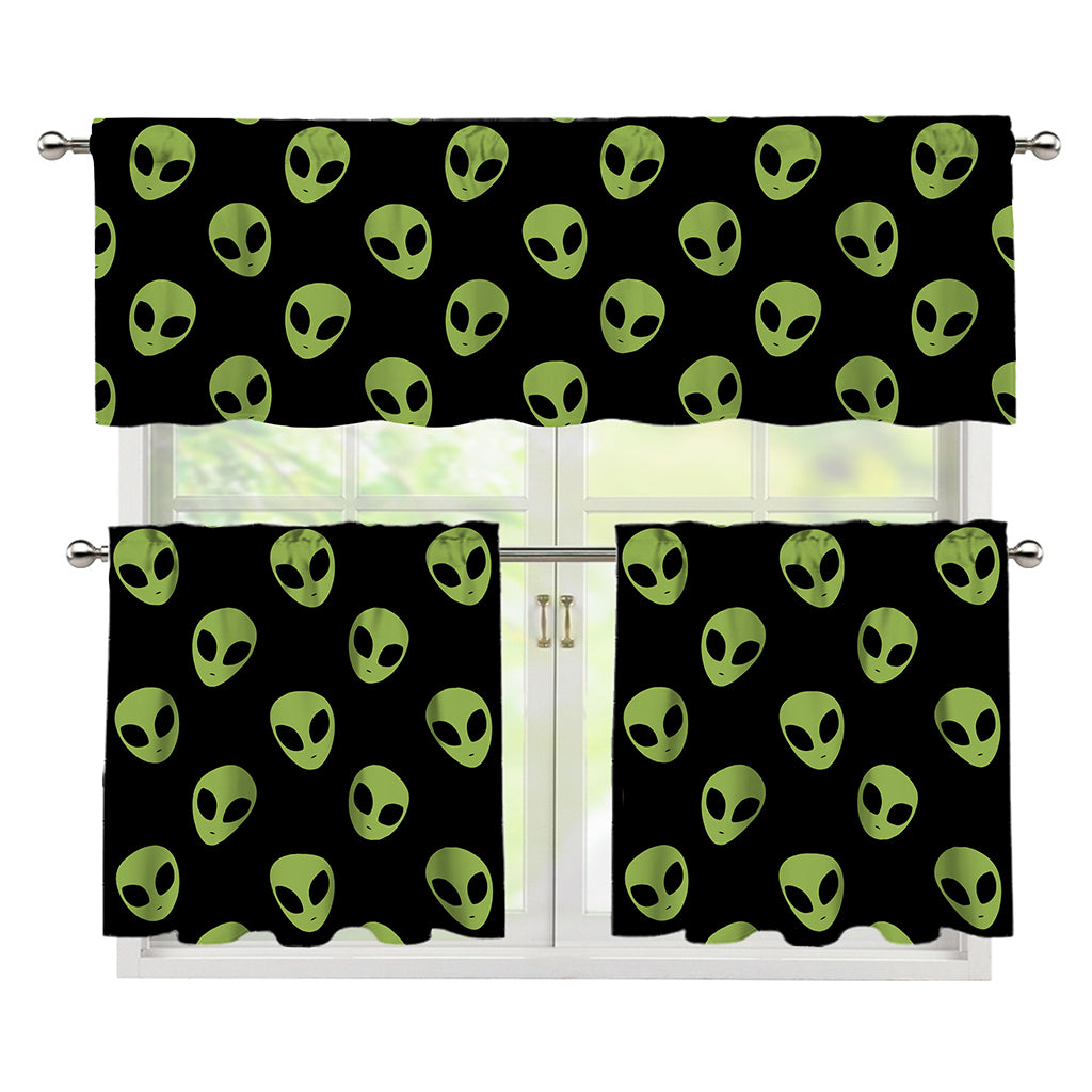 Green Alien Face Pattern Print 3 Piece Kitchen Curtains