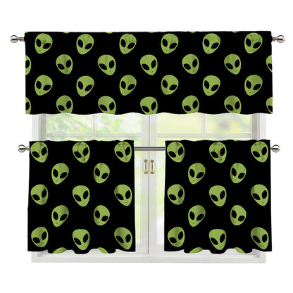 Green Alien Face Pattern Print 3 Piece Kitchen Curtains