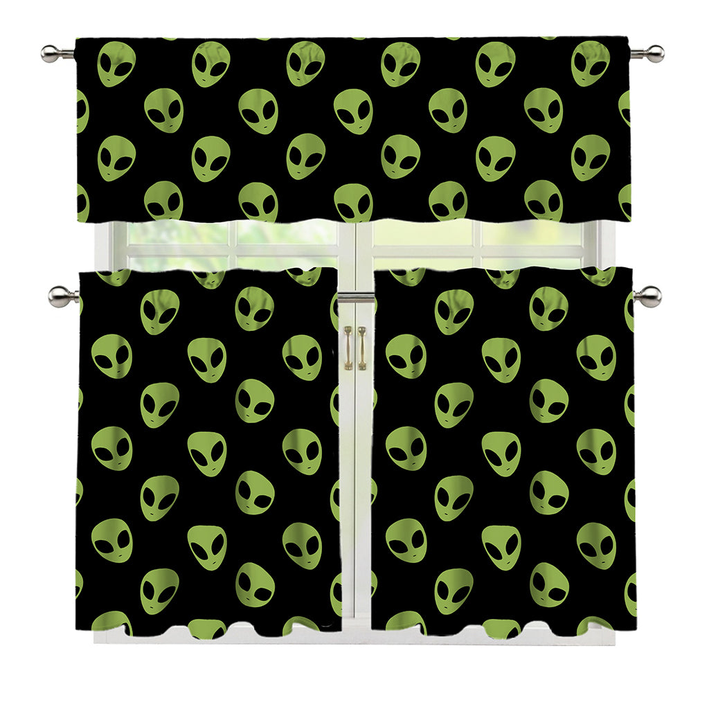 Green Alien Face Pattern Print 3 Piece Kitchen Curtains