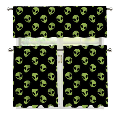 Green Alien Face Pattern Print 3 Piece Kitchen Curtains