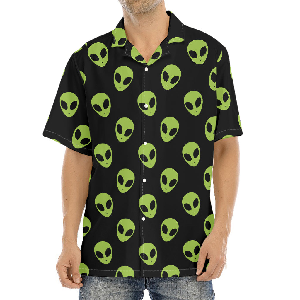 Green Alien Face Pattern Print Aloha Shirt