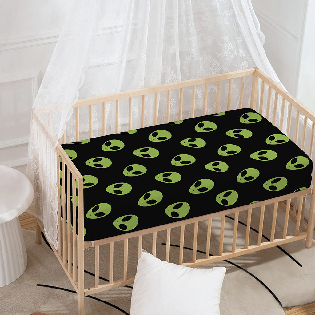 Green Alien Face Pattern Print Baby Crib Sheet