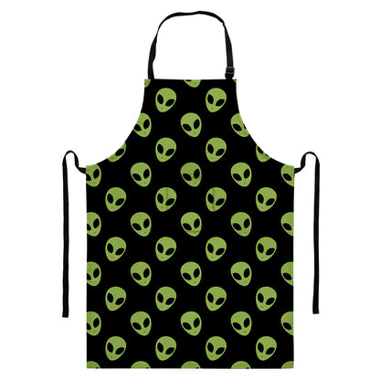 Green Alien Face Pattern Print Bib Apron With Pocket