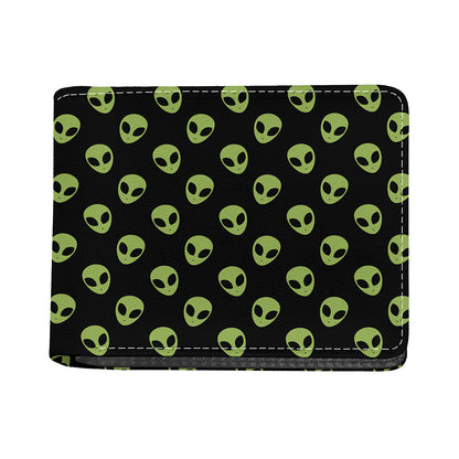 Green Alien Face Pattern Print Bifold Wallet