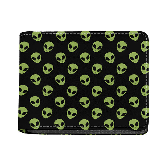 Green Alien Face Pattern Print Bifold Wallet