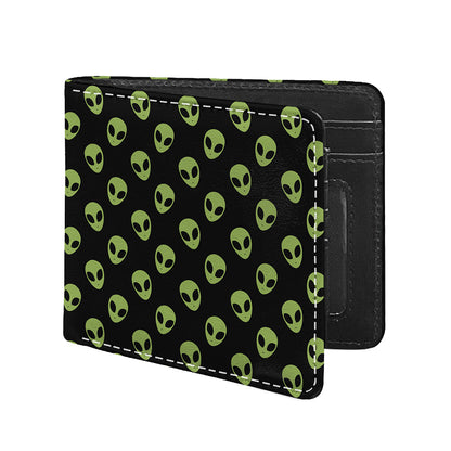 Green Alien Face Pattern Print Bifold Wallet