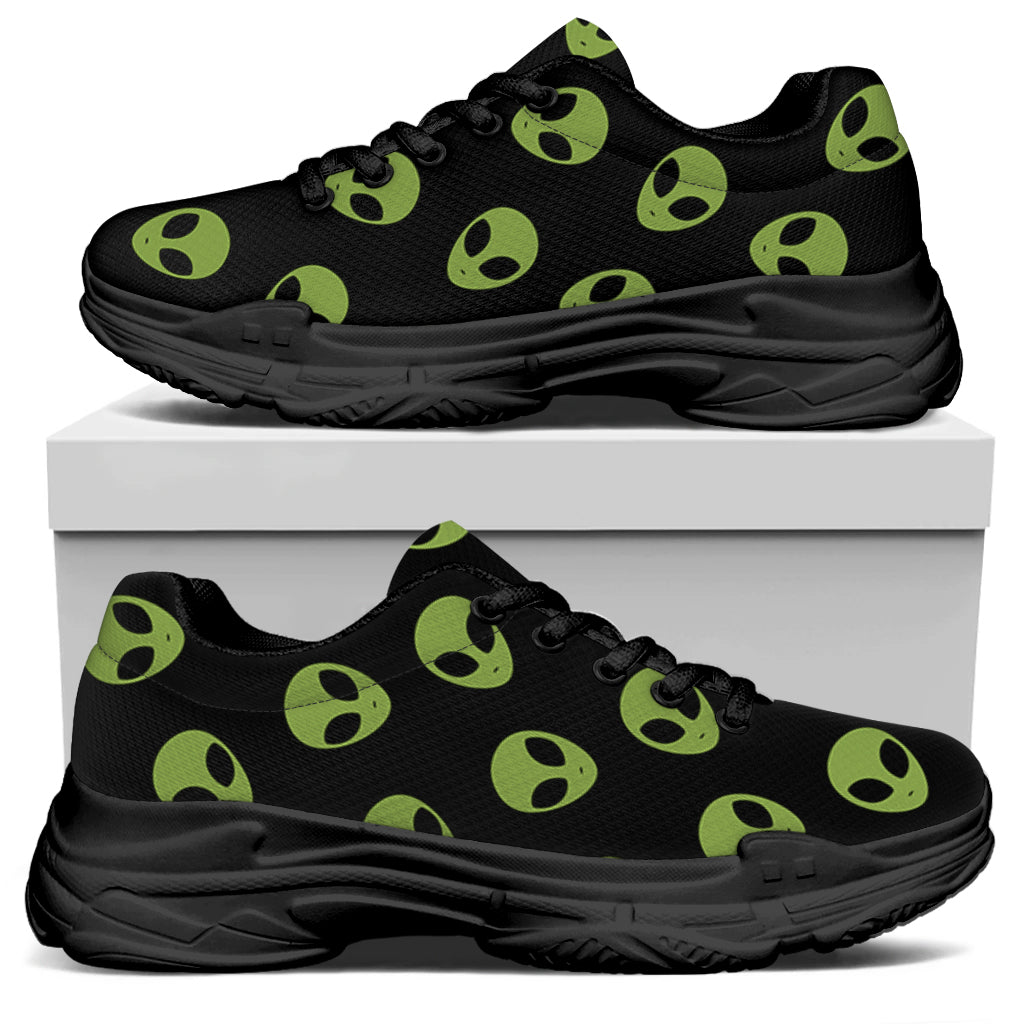 Green Alien Face Pattern Print Black Chunky Shoes