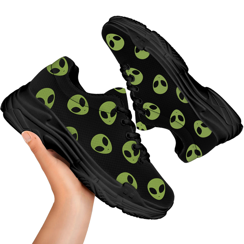 Green Alien Face Pattern Print Black Chunky Shoes