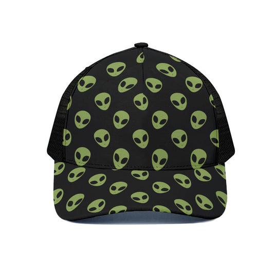 Green Alien Face Pattern Print Black Mesh Trucker Cap