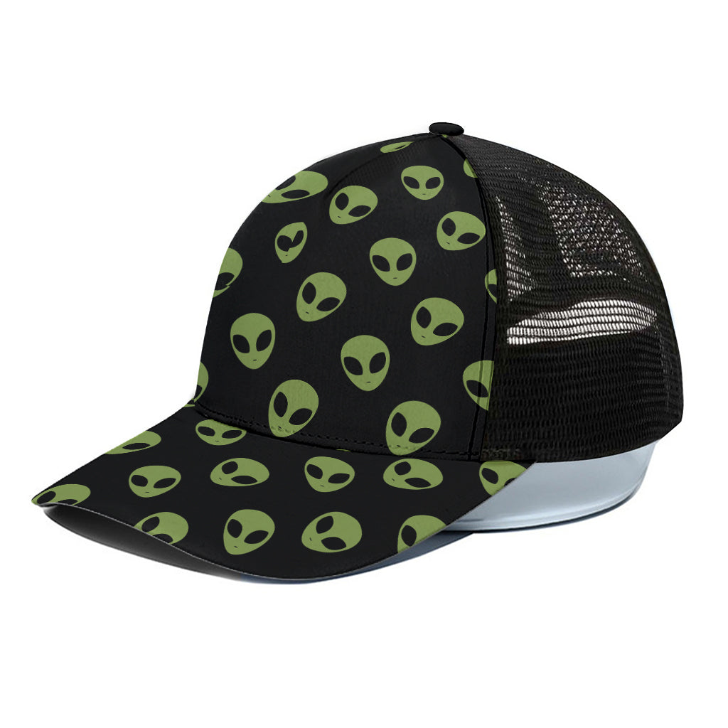 Green Alien Face Pattern Print Black Mesh Trucker Cap