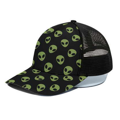 Green Alien Face Pattern Print Black Mesh Trucker Cap