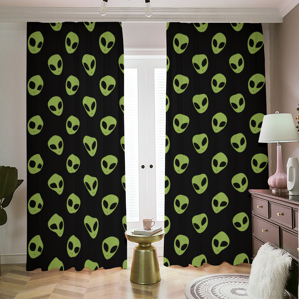 Green Alien Face Pattern Print Blackout Pencil Pleat Curtains