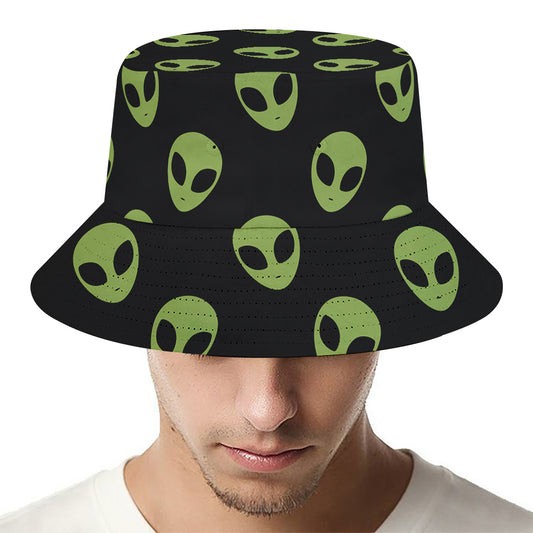 Green Alien Face Pattern Print Bucket Hat