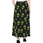 Green Alien Face Pattern Print Chiffon Maxi Skirt