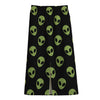 Green Alien Face Pattern Print Cotton Front Slit Maxi Skirt