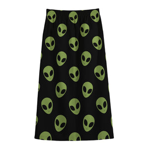 Green Alien Face Pattern Print Cotton Front Slit Maxi Skirt