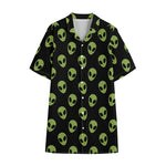 Green Alien Face Pattern Print Cotton Hawaiian Shirt