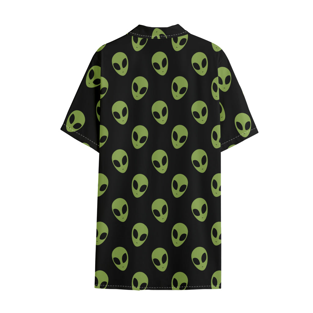 Green Alien Face Pattern Print Cotton Hawaiian Shirt