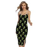 Green Alien Face Pattern Print Cross Back Cami Dress