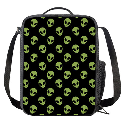 Green Alien Face Pattern Print Crossbody Lunch Bag