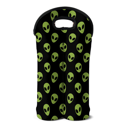 Green Alien Face Pattern Print Double Neoprene Wine Tote