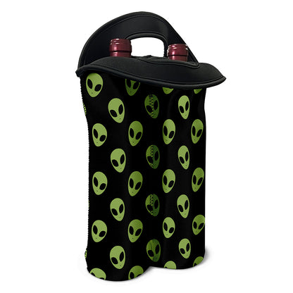 Green Alien Face Pattern Print Double Neoprene Wine Tote