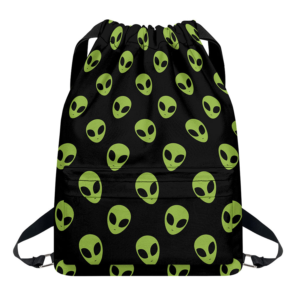 Green Alien Face Pattern Print Drawstring Backpack