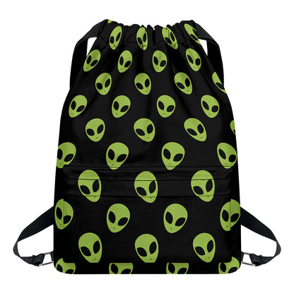 Green Alien Face Pattern Print Drawstring Backpack