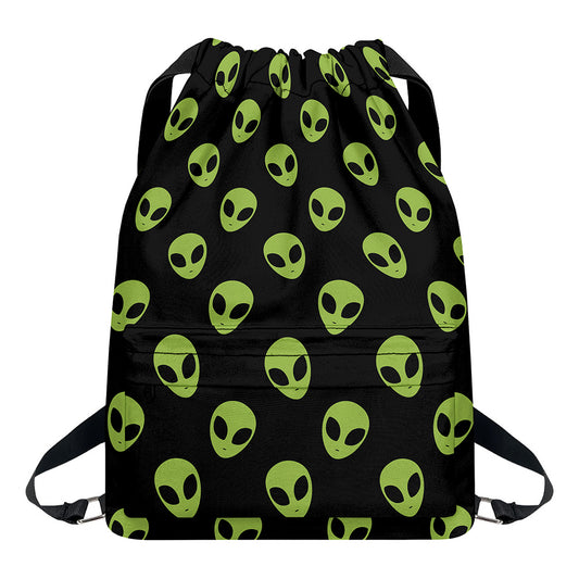Green Alien Face Pattern Print Drawstring Backpack