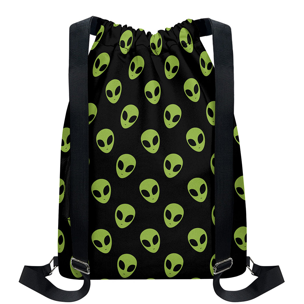 Green Alien Face Pattern Print Drawstring Backpack