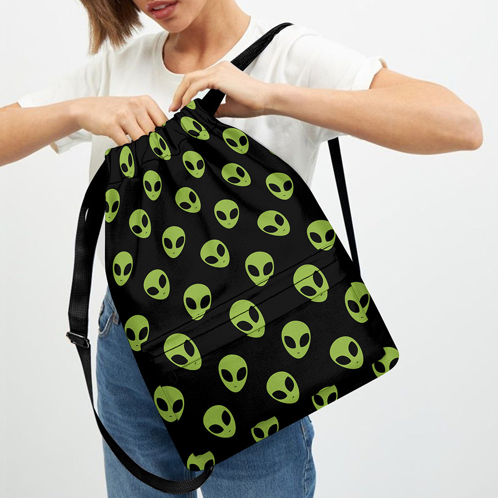 Green Alien Face Pattern Print Drawstring Backpack