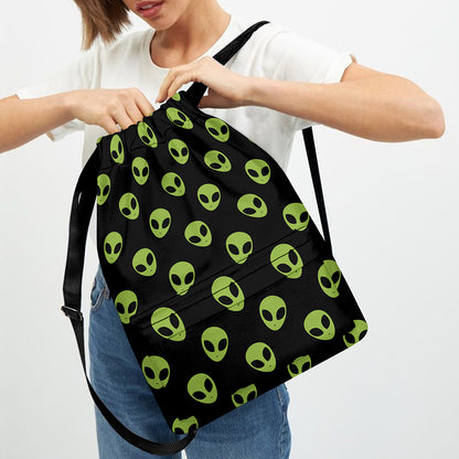 Green Alien Face Pattern Print Drawstring Backpack